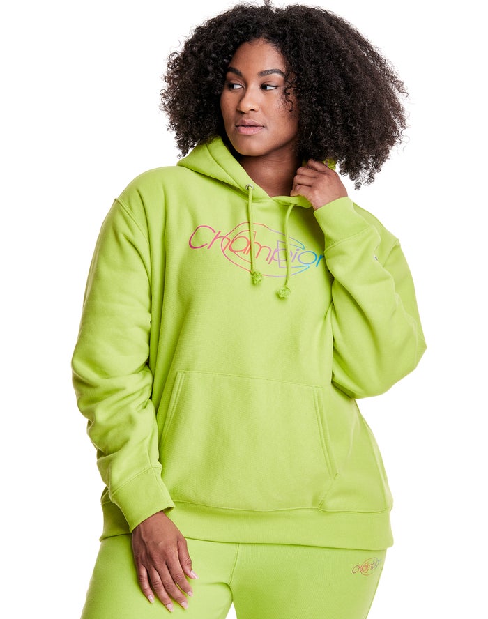 Champion Womens Hoodie NZ - Plus Reverse Weave Rainbow Logo Green ( 7402-STFAU )